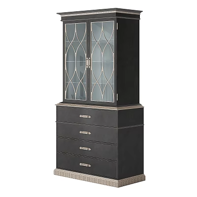 Elegant Black Wooden Sideboard In Dining Room With Decorative Glass Doors And Drawers 3d model