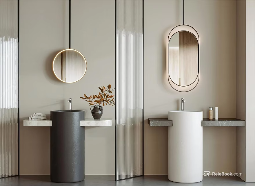 Black And White Pedestal Washbasins With Round Oval Mirrors And Potted Plant In Minimalist Bathroom 3d model 