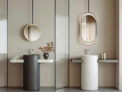 Black And White Pedestal Washbasins With Round Oval Mirrors And Potted Plant In Minimalist Bathroom 3d model