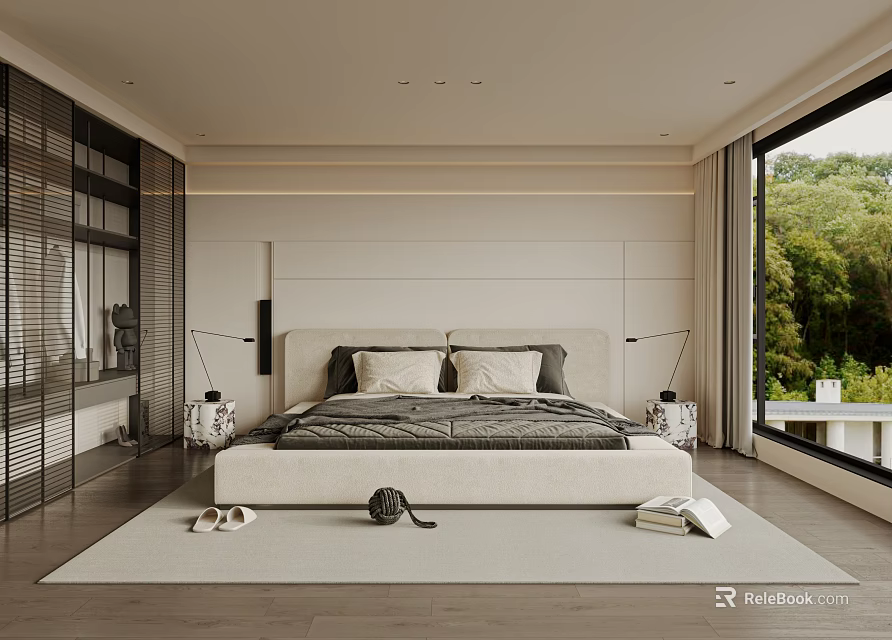 Modern Bedroom Interior Design With White Bed Gray Bedding Large Window And Green Trees View 3d model 