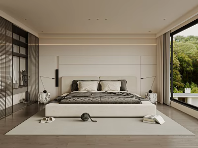 Modern Bedroom Interior Design With White Bed Gray Bedding Large Window And Green Trees View 3d model