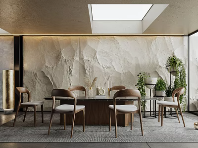 Elegant Modern Restaurant Interior With Marble Wall Wooden Dining Table Skylight And Green Plants 3d model