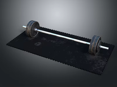 Sturdy Fitness Barbell Equipment With Weight Plates On Black Exercise Mat 3d model