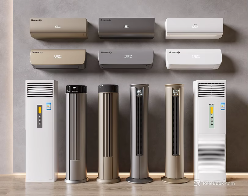 Various Modern Air Conditioners and Fans in Different Colors and Designs 3d model 