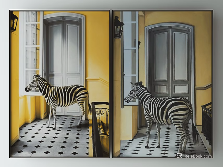 Zebra Standing In Yellow Wall Room With Gray Double Doors And Checkered Floor 3d model