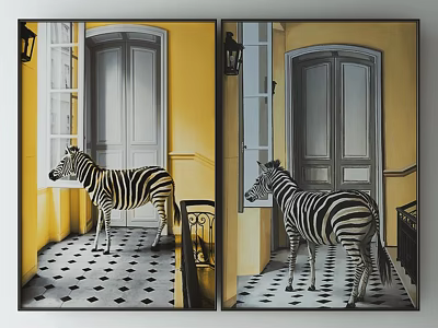 Zebra Standing In Yellow Wall Room With Gray Double Doors And Checkered Floor 3d model