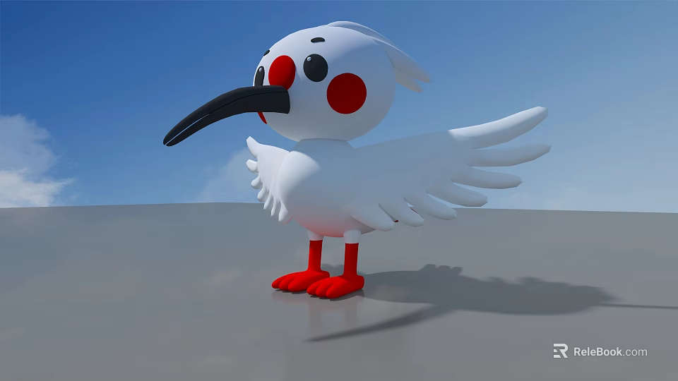 Cartoon White Bird with Red Feet Cheeks Black Beak Spread Wings Gray Ground Blue Sky 3d model 