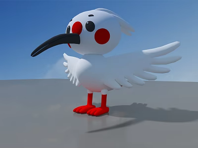 Cartoon White Bird with Red Feet Cheeks Black Beak Spread Wings Gray Ground Blue Sky 3d model