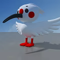 Cartoon White Bird with Red Feet Cheeks Black Beak Spread Wings Gray Ground Blue Sky