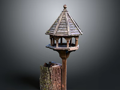 Wooden Birdhouse With Pagoda Style Roof And Multiple Ports Perched On Tree Stump 3d model