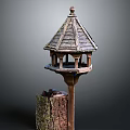 Wooden Birdhouse With Pagoda Style Roof And Multiple Ports Perched On Tree Stump