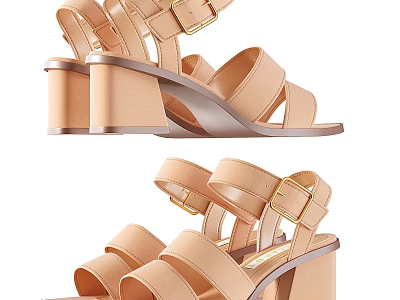 Nude Leather Block Heel Sandals With Adjustable Straps And Gold Buckle 3d model