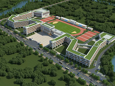 Modern School Campus with Classroom Buildings Lush Greenery and Sports Track Facilities 3d model