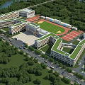 Modern School Campus with Classroom Buildings Lush Greenery and Sports Track Facilities