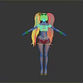 Cartoon Character Girl With Blue Green Long Hair Double Ponytails Red Bow And Denim Shorts