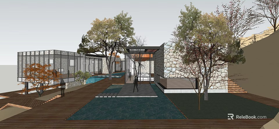 Modern Sales Office Building With Courtyard Water Feature Greenery Stone Wall And Glass Facade Design 3d model 