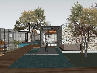 Modern Sales Office Building With Courtyard Water Feature Greenery Stone Wall And Glass Facade Design 3d model