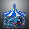 Children Enjoying Colorful Carousel Ride With Blue White Striped Canopy And Lights