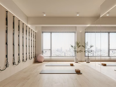 Modern Fitness Studio Featuring Resistance Bands Yoga Mats Mirrors Plants And City View 3d model