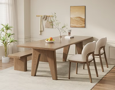 Wooden Dining Table Set With Bench And Chairs Featuring Fruits Vase Plant And Wall Art 3d model