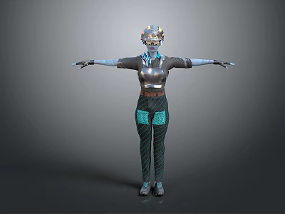 Game Movie Character 3D Model With Detailed Helmet Silver Armor Blue Patterned Outfit Arms Outstretched 3d model