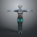 Game Movie Character 3D Model With Detailed Helmet Silver Armor Blue Patterned Outfit Arms Outstretched