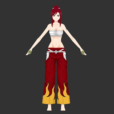 Red Haired Woman Wearing White Crop Top and Red Flame Patterned Pants with Tattoo 3d model