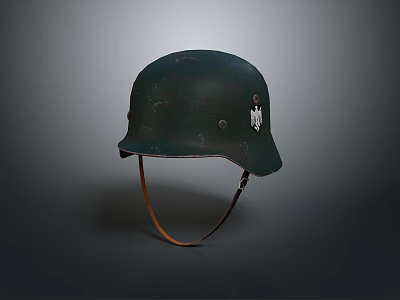 Vintage Green Military Helmet With Metal Badge And Leather Chin Strap 3d model