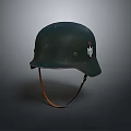 Vintage Green Military Helmet With Metal Badge And Leather Chin Strap