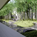 Modern Garden Courtyard Design With Trees Lawn Stone Path And Bamboo Screen 3d model
