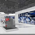 Modern Exhibition Hall Interior With White Display Stands Blue Boards And Glass Cases
