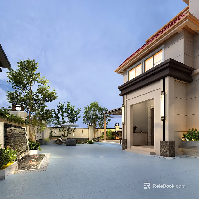 Water Fountain In Courtyard With Lush Green Trees And Modern House Exterior 3d model 