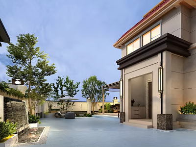 Water Fountain In Courtyard With Lush Green Trees And Modern House Exterior 3d model