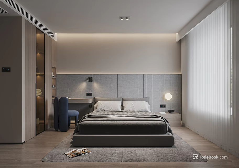 Modern Bedroom Interior With Large Bed Textured Headboard Wall Bedside Lamp Desk Chair And Rug 3d model 