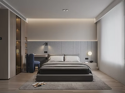 Modern Bedroom Interior With Large Bed Textured Headboard Wall Bedside Lamp Desk Chair And Rug 3d model