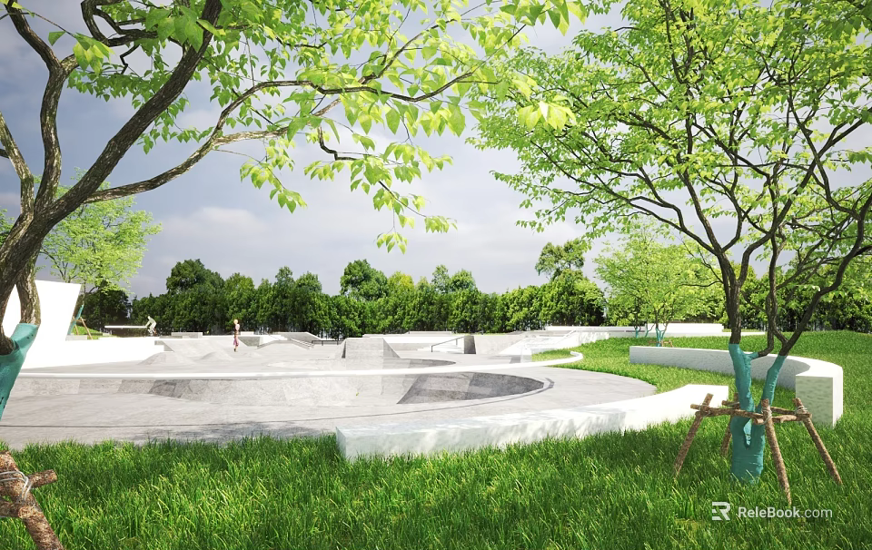 Scenic Park Landscape With Concrete Skate Bowl Green Trees And Grass Area 3d model 