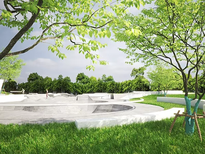 Scenic Park Landscape With Concrete Skate Bowl Green Trees And Grass Area 3d model