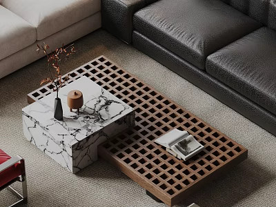 Marble Top And Wooden Lattice Design Coffee Tables With Vase And Magazine 3d model