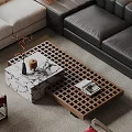 Marble Top And Wooden Lattice Design Coffee Tables With Vase And Magazine