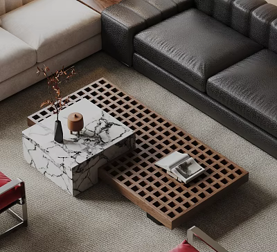 Marble Top And Wooden Lattice Design Coffee Tables With Vase And Magazine 3d model