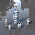 Classical Blue And White Ceramic Vases In Various Sizes On Smooth Reflective Surface 3d model