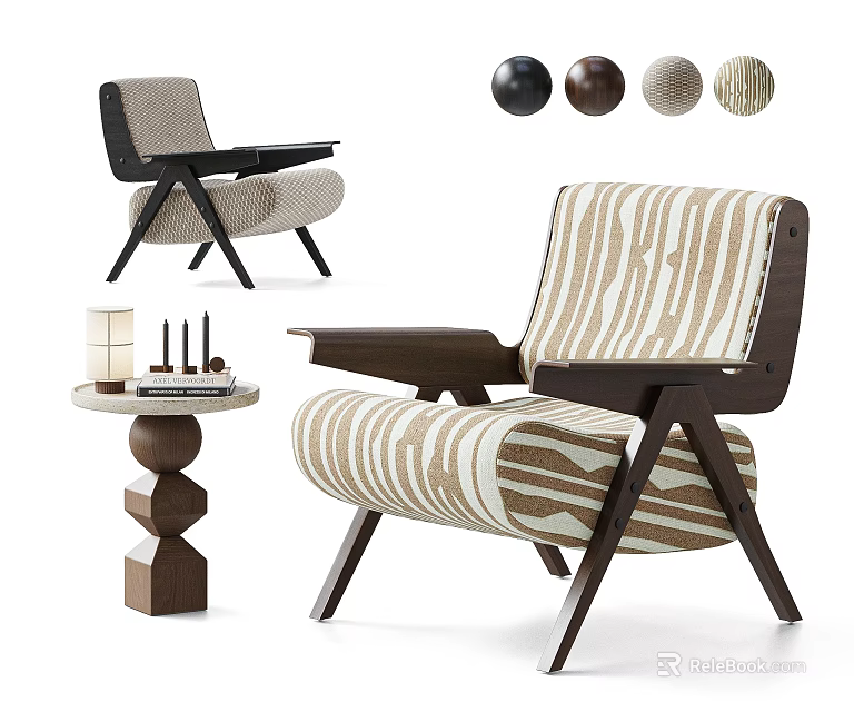 Beige And Brown Striped Single Sofa With Wooden Armrests Side Table And Cushions 3d model 