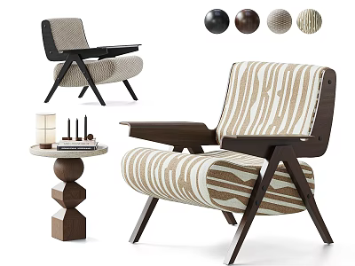 Beige And Brown Striped Single Sofa With Wooden Armrests Side Table And Cushions 3d model
