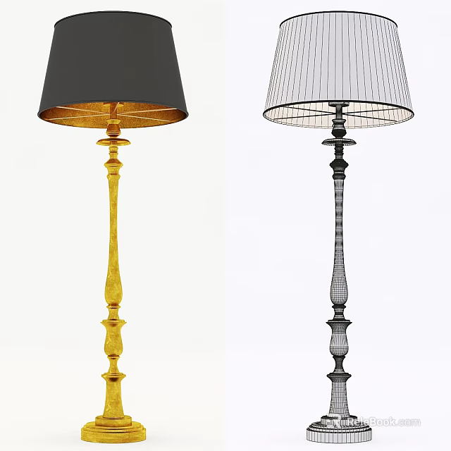 Decorative Floor Lamps With Gold And Black Bases And Black White Striped Shades 3d model 