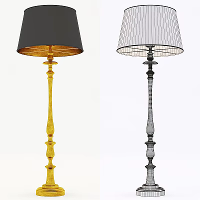 Decorative Floor Lamps With Gold And Black Bases And Black White Striped Shades 3d model