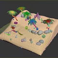 Tropical Beach Landscape with Palm Trees Sand Water Barrels Small Pyramid and Stones