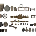 Vintage Traditional Household Items Collection Featuring Clay Pots Wooden Stools And Baskets