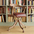 Wooden Office Chair With Leather Seat Swivel Design Rolling Wheels And Bookshelf Background