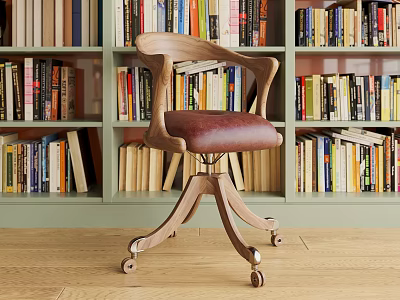 Wooden Office Chair With Leather Seat Swivel Design Rolling Wheels And Bookshelf Background 3d model