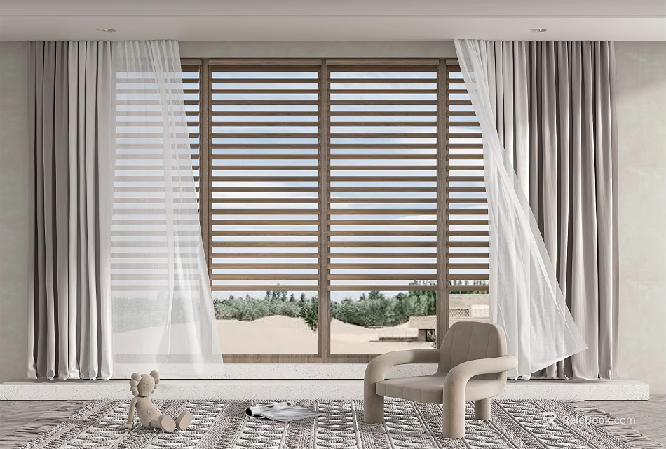 Grey Curtains With White Sheer Panels And Wooden Window Slats In Cozy Room Interior 3d model 
